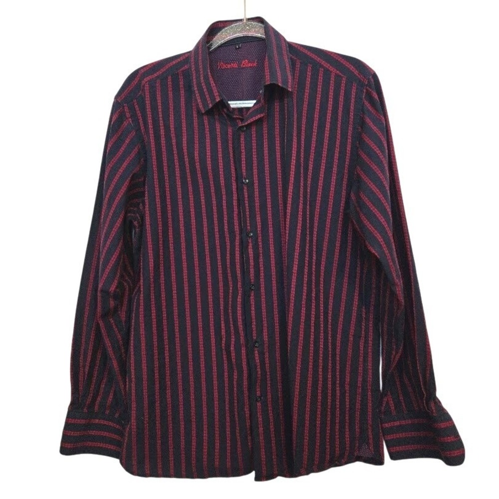 Visconti Black Navy Red Stripe Contrast Trim Button Down‎ Long Sleeve Shirt Sz L - Picture 4 of 9